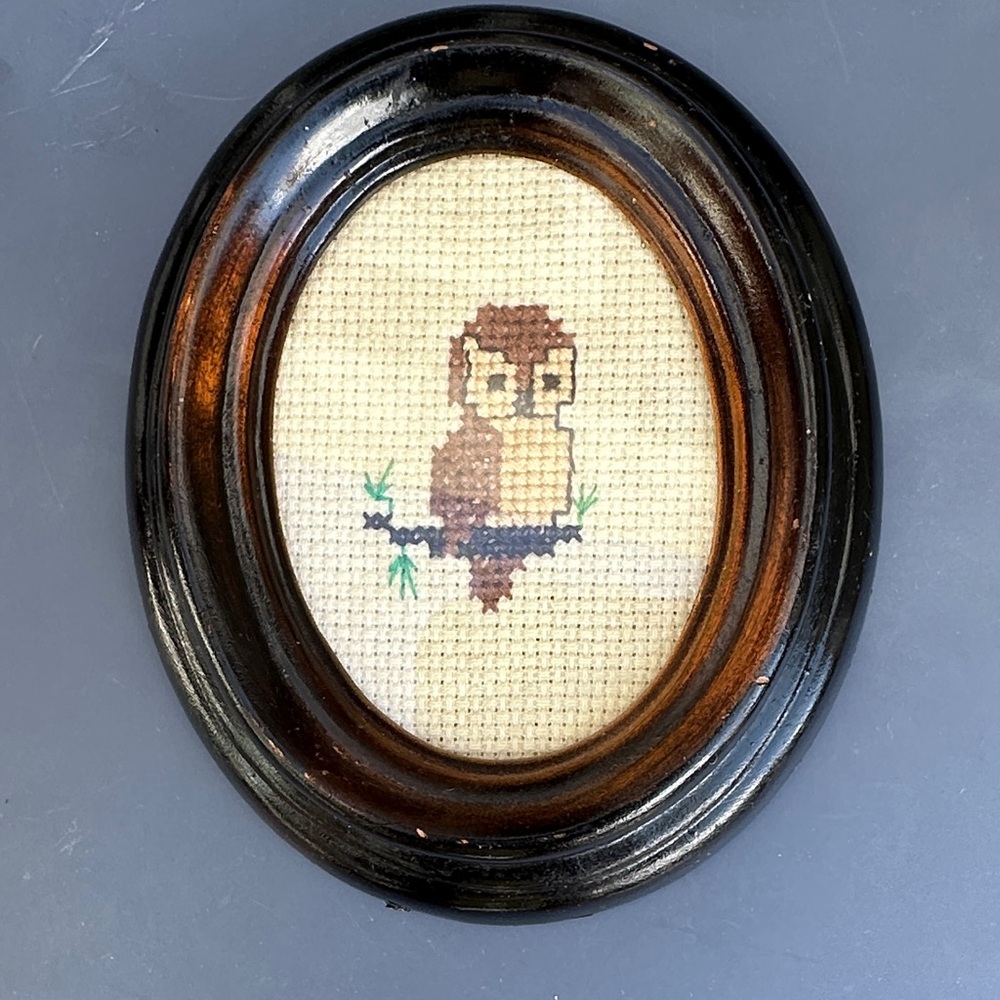 Owl Cross-Stitch Art in Oval Frame